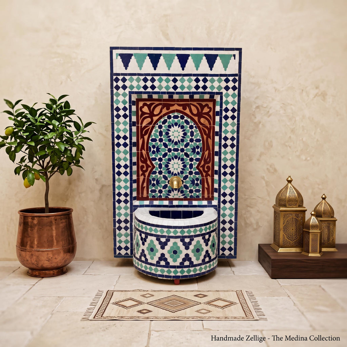 a decorative Arabic-style fountain with a mosaic design, surrounded by a potted plant, a small tree, and a wooden stand with brass lanterns.