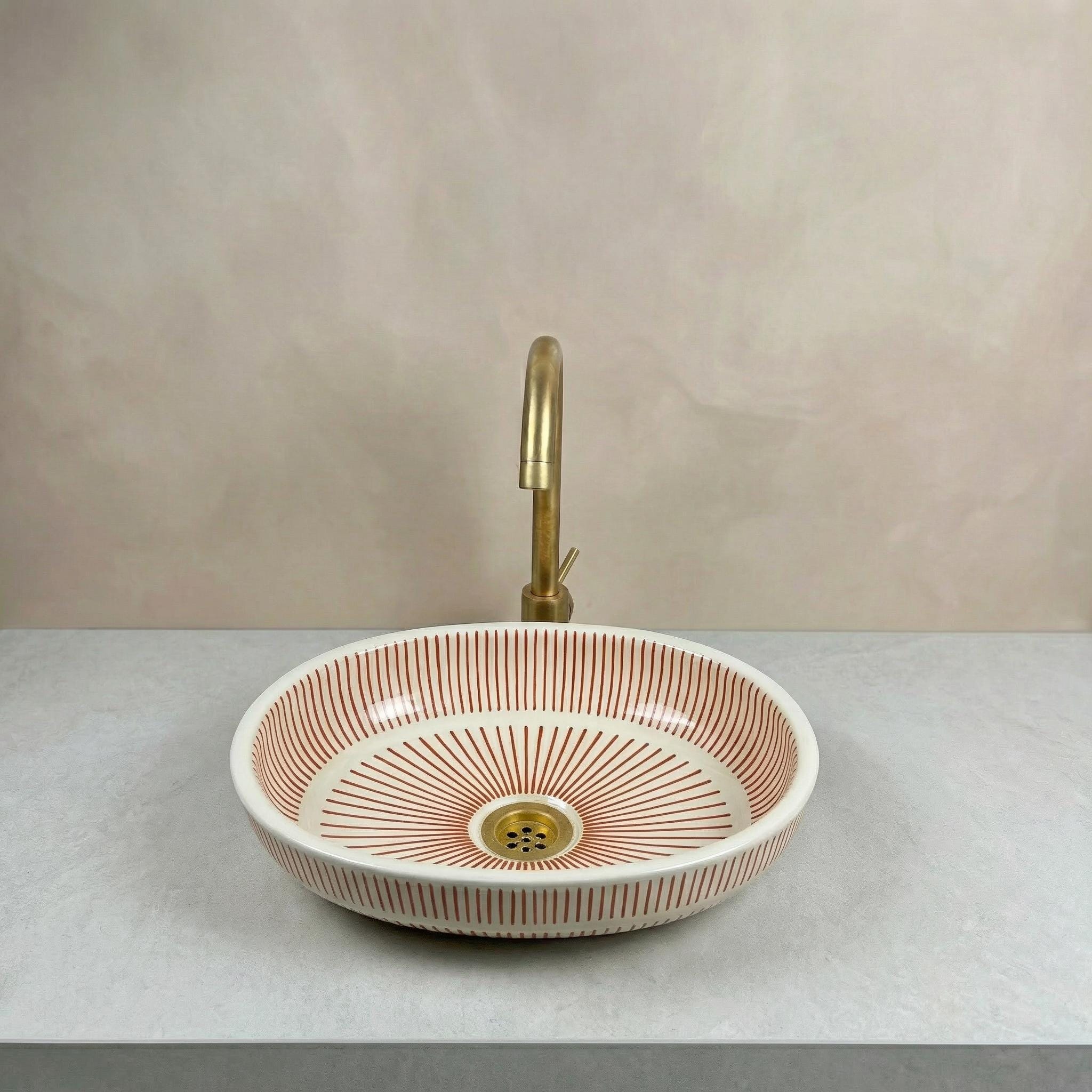 Fes Ceramic Washbasin' Oval Moroccan Vessel Sink, Handmade 40 cm Brass Drain