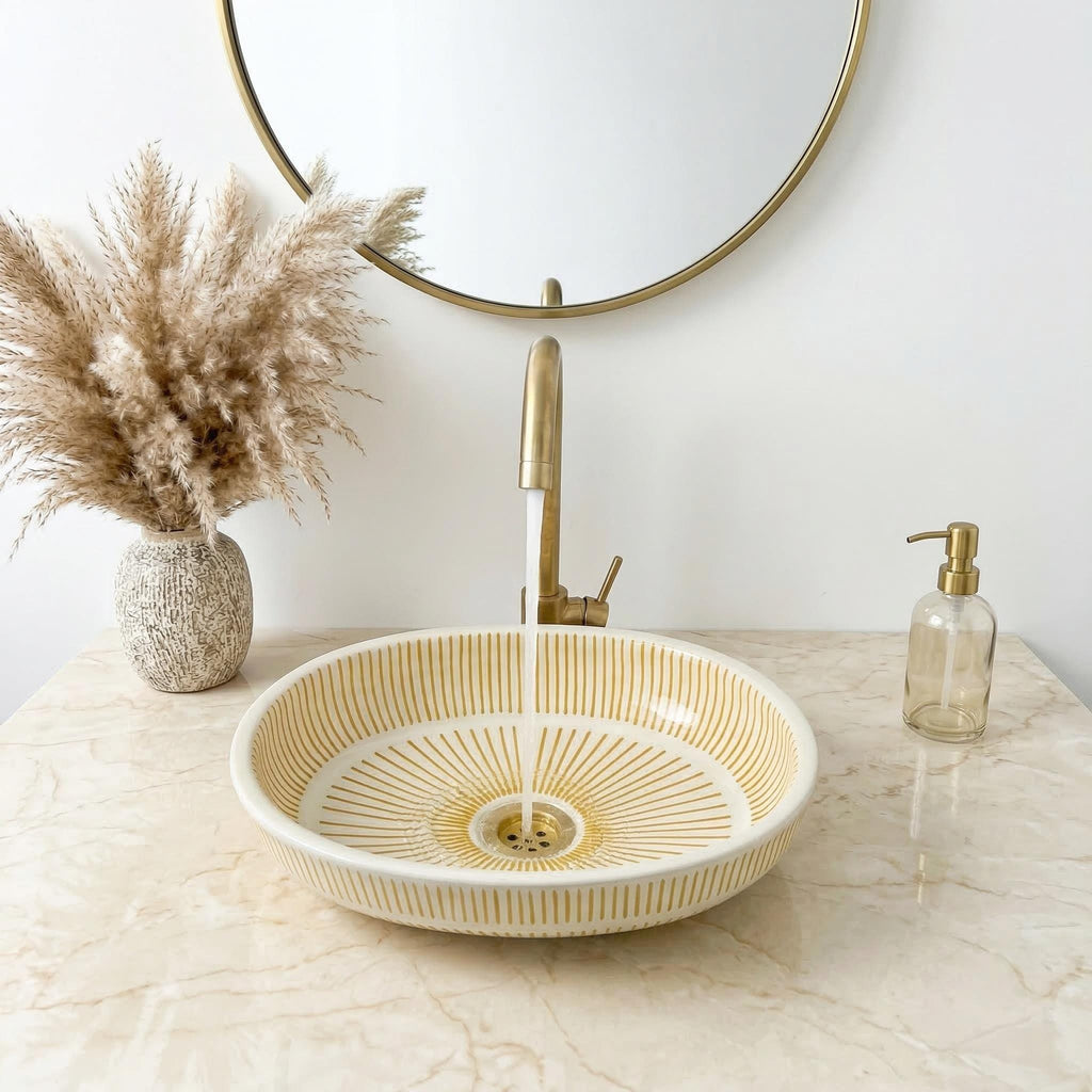 Moroccan Ceramic Sink, Orange Zellige Oval Basin 40Cm Brass Drain