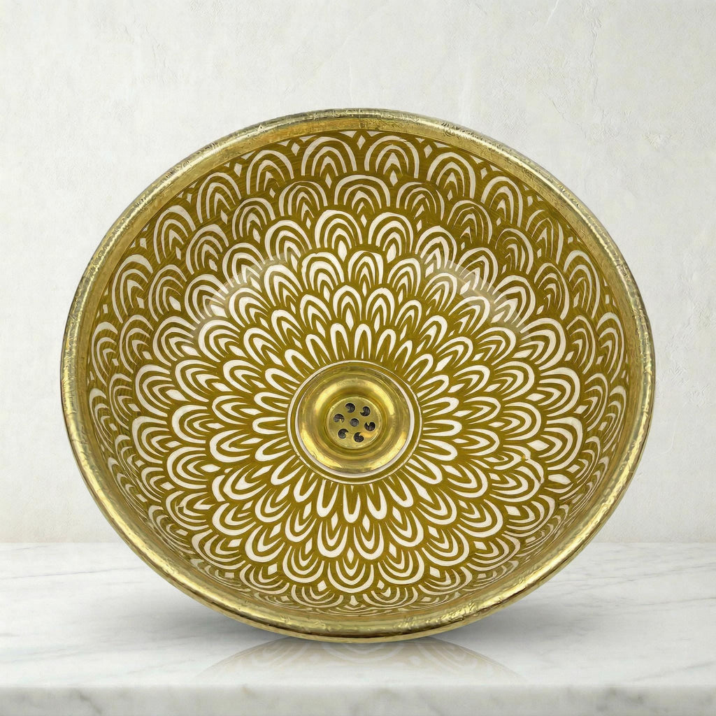 Moroccan Vessel Sink, Handcrafted Black Glazed Basin Brass Collar