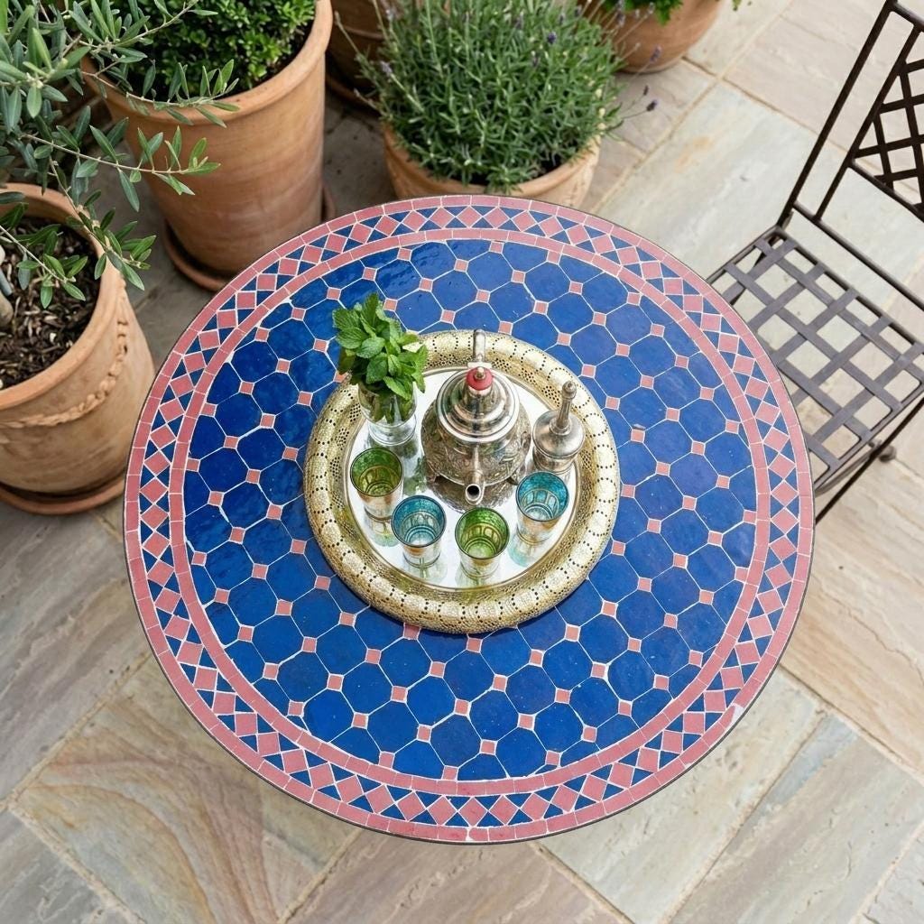 Zellige Tile Table, Boho Mosaic, Powder-Coated Iron Base 12–48 In