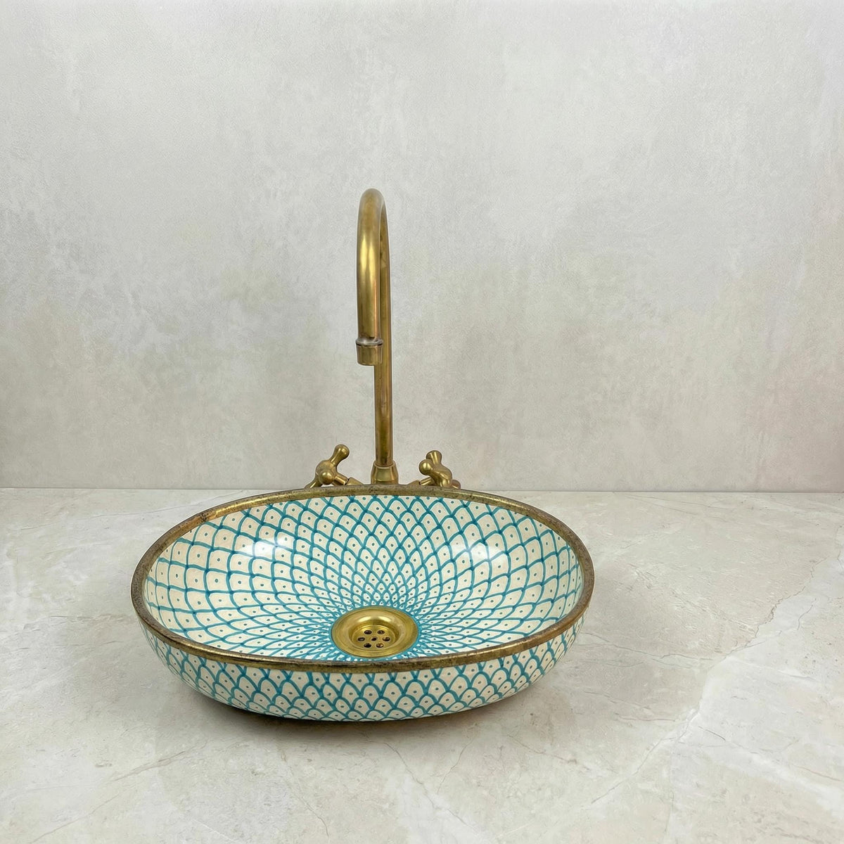Oval Vessel Bath Sink, Hand-Made Porcelain Moroccan, Glossy 16x12