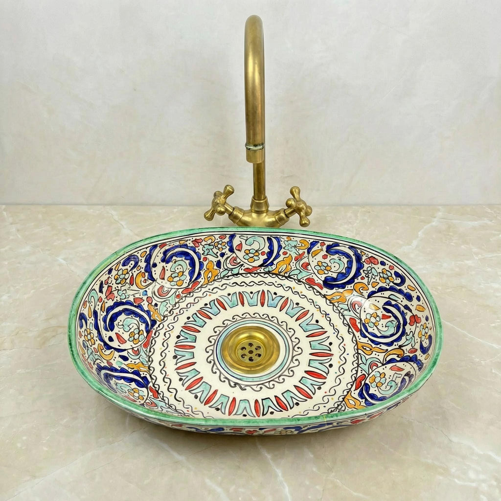 Teal Vessel Sink, Fes Oval Ceramic Washbasin 40cm, Brass Drain UK