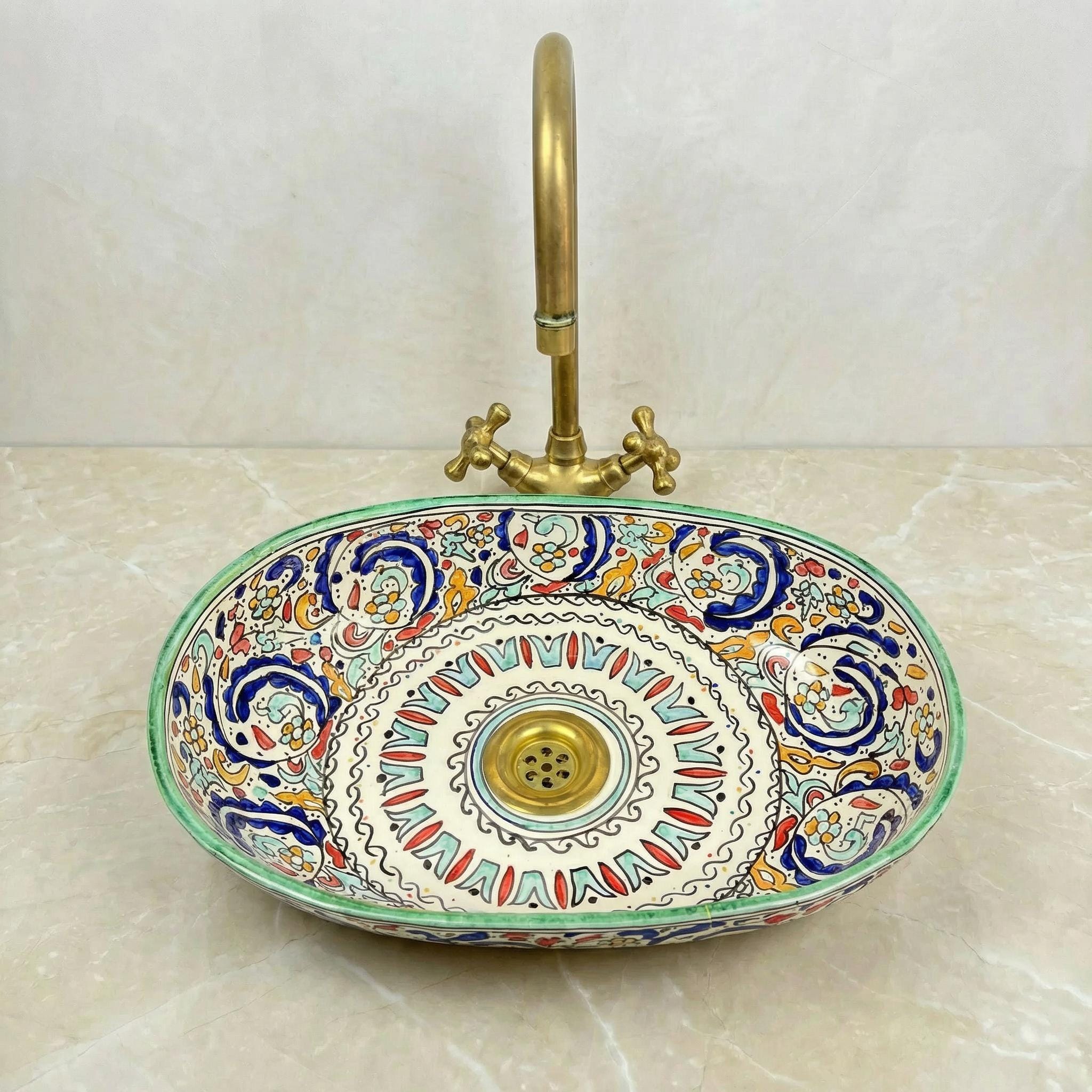 Teal Vessel Sink, Fes Oval Ceramic Washbasin 40cm, Brass Drain UK