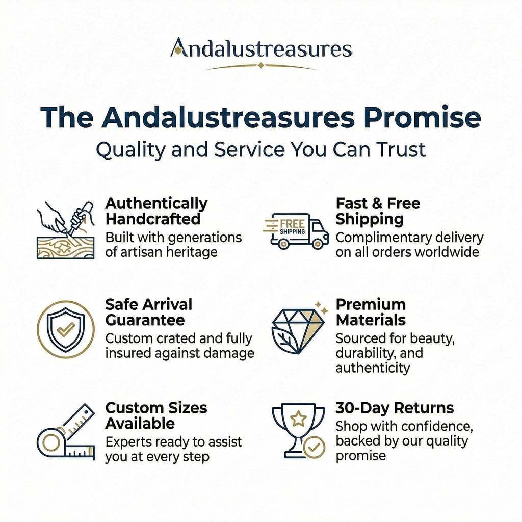 The image is an advertisement for Andalustreasures, a company that promises quality and service, including handcrafted items, fast and free shipping, a safe arrival guarantee, premium materials, custom sizes, and 30-day returns.