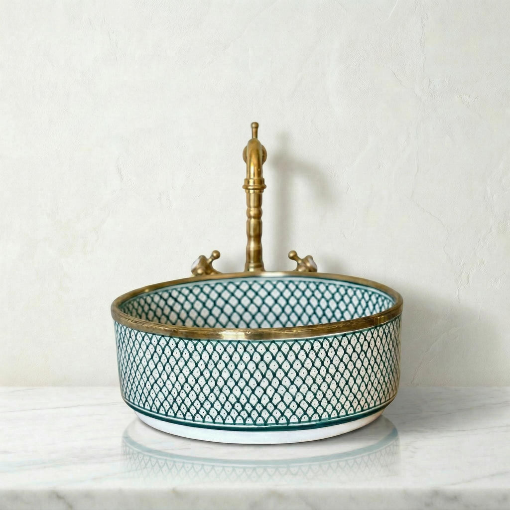 Gold Rim Vessel, Handmade Yellow Ceramic Oval Vanity Sink, 8-16".