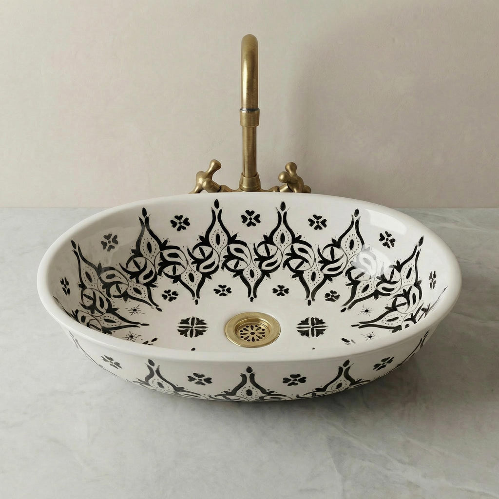 Ceramic Vessel Sink' Navy Oval Hand-Painted Fes, 40cm Small Vanity