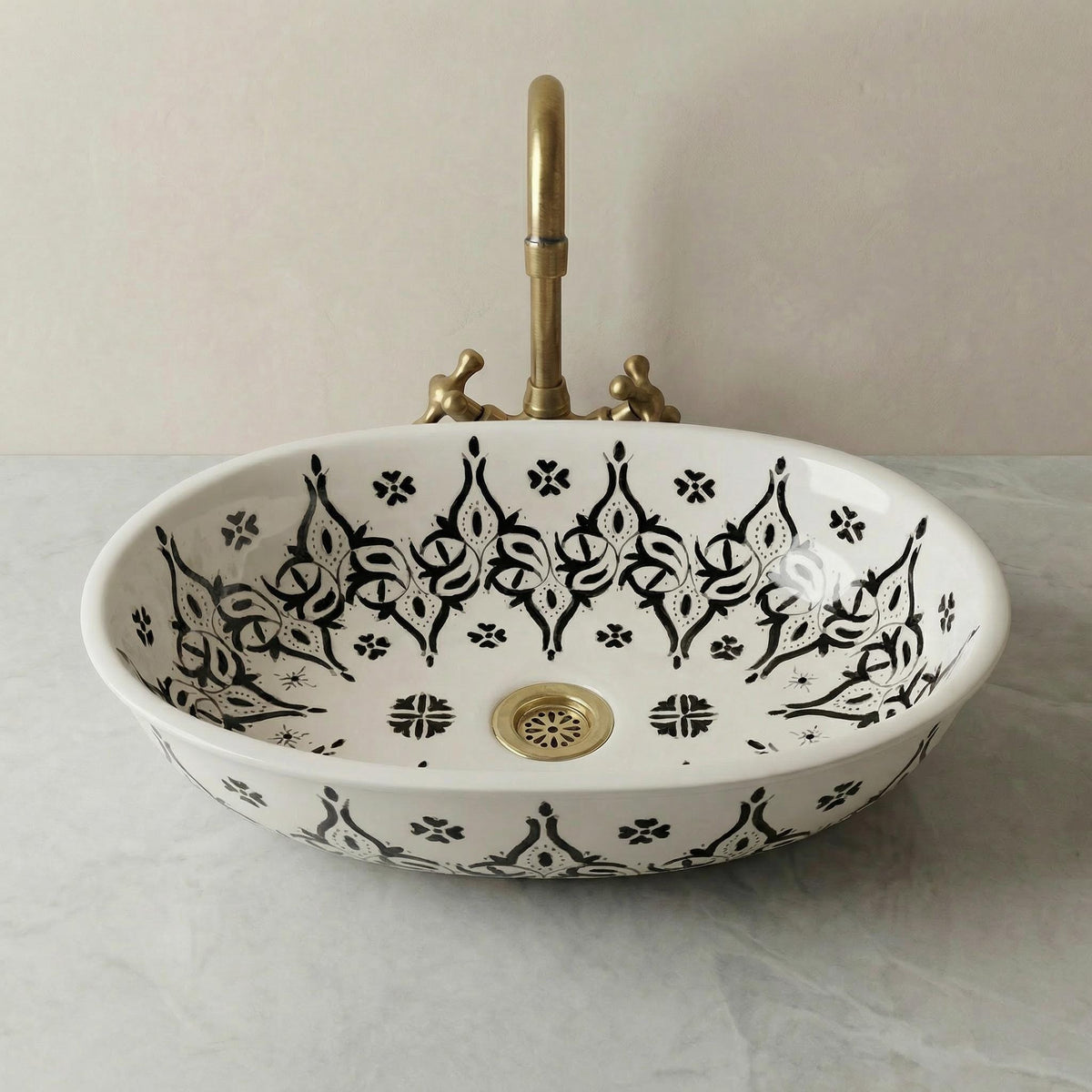Ceramic Vessel Sink' Navy Oval Hand-Painted Fes, 40cm Small Vanity