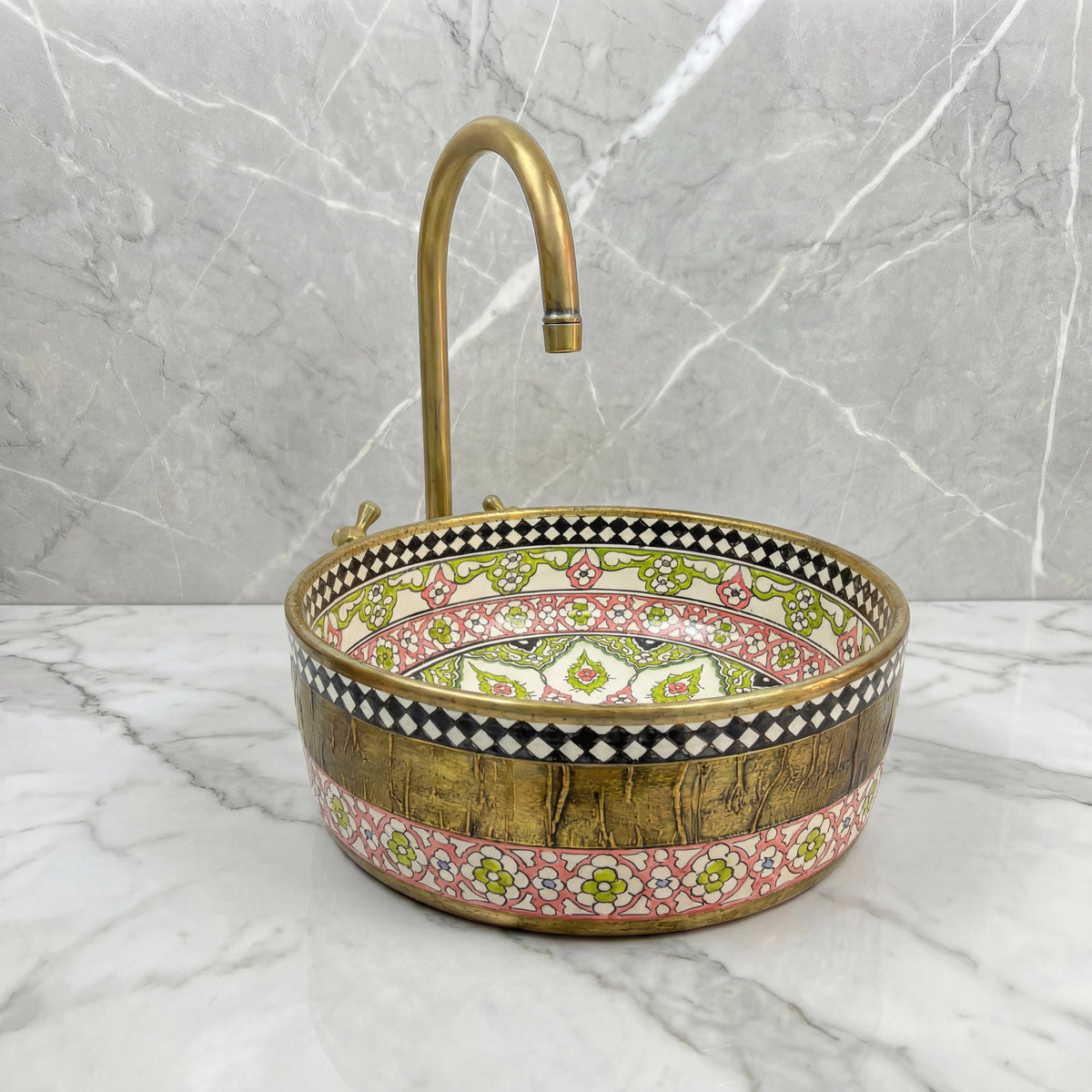 Moroccan Ceramic Sink, Handcrafted Ruby Red Vessel 30cm Brass Rim
