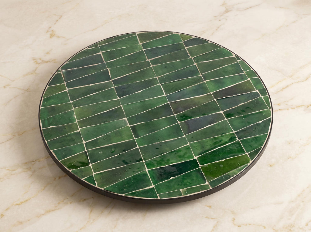 Zellige Tile Table, Round Handcrafted Coffee Glazed Clay 12-48 In