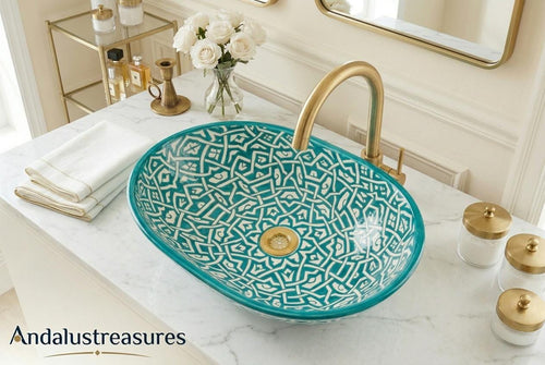 Green Moroccan Vessel Sink, Handcrafted Oval Porcelain Basin 40cm