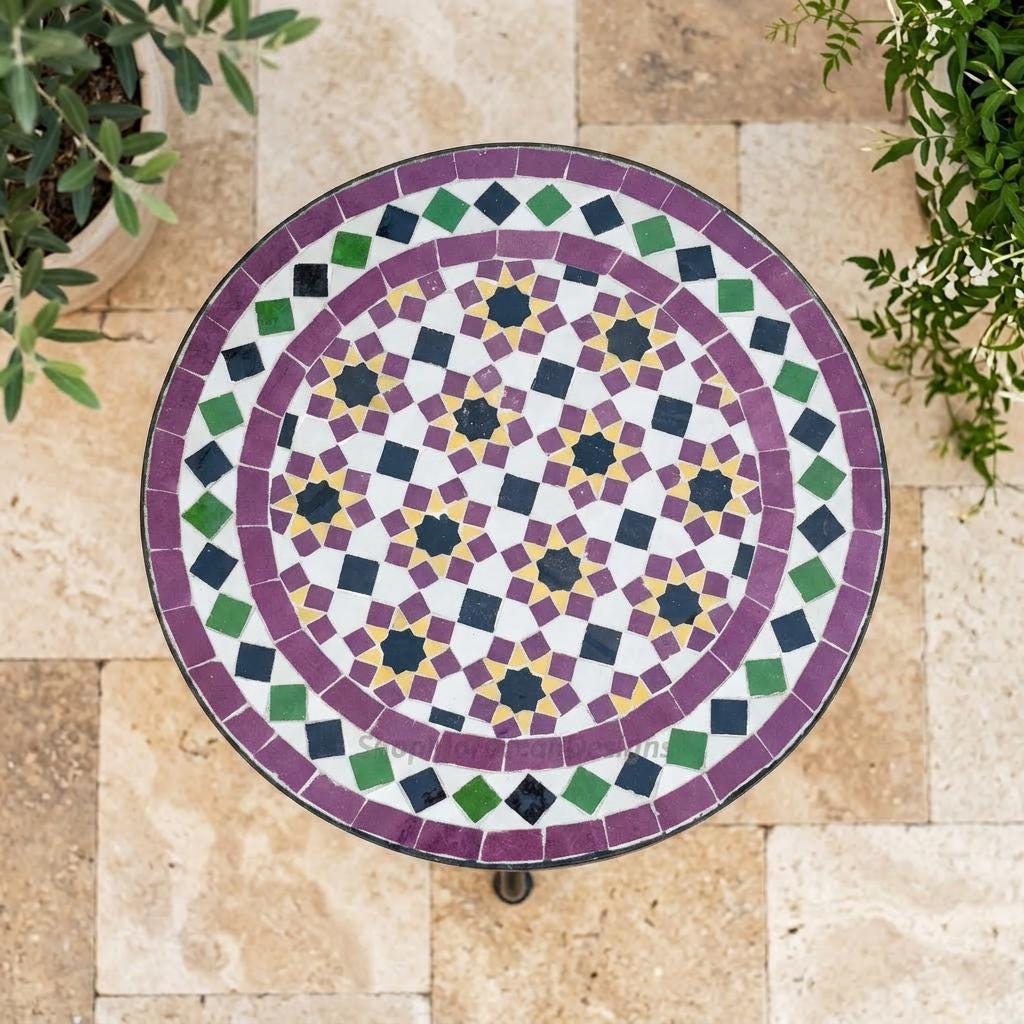 Moroccan Zellige Table', Handmade Mosaic Top, 12-48 In, Iron Base