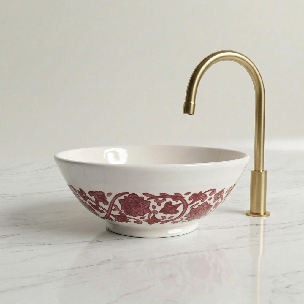 Ceramic Vessel Sink, Moroccan Ruby Red Handmade, 8"–16" Dia Basin