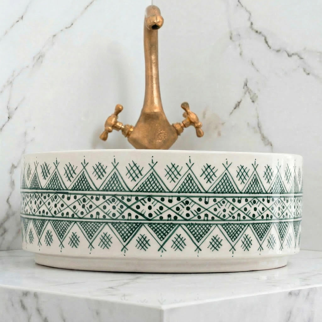 Ceramic Vessel Sink, Moroccan Green Marble, Handmade 8-16" Basin.