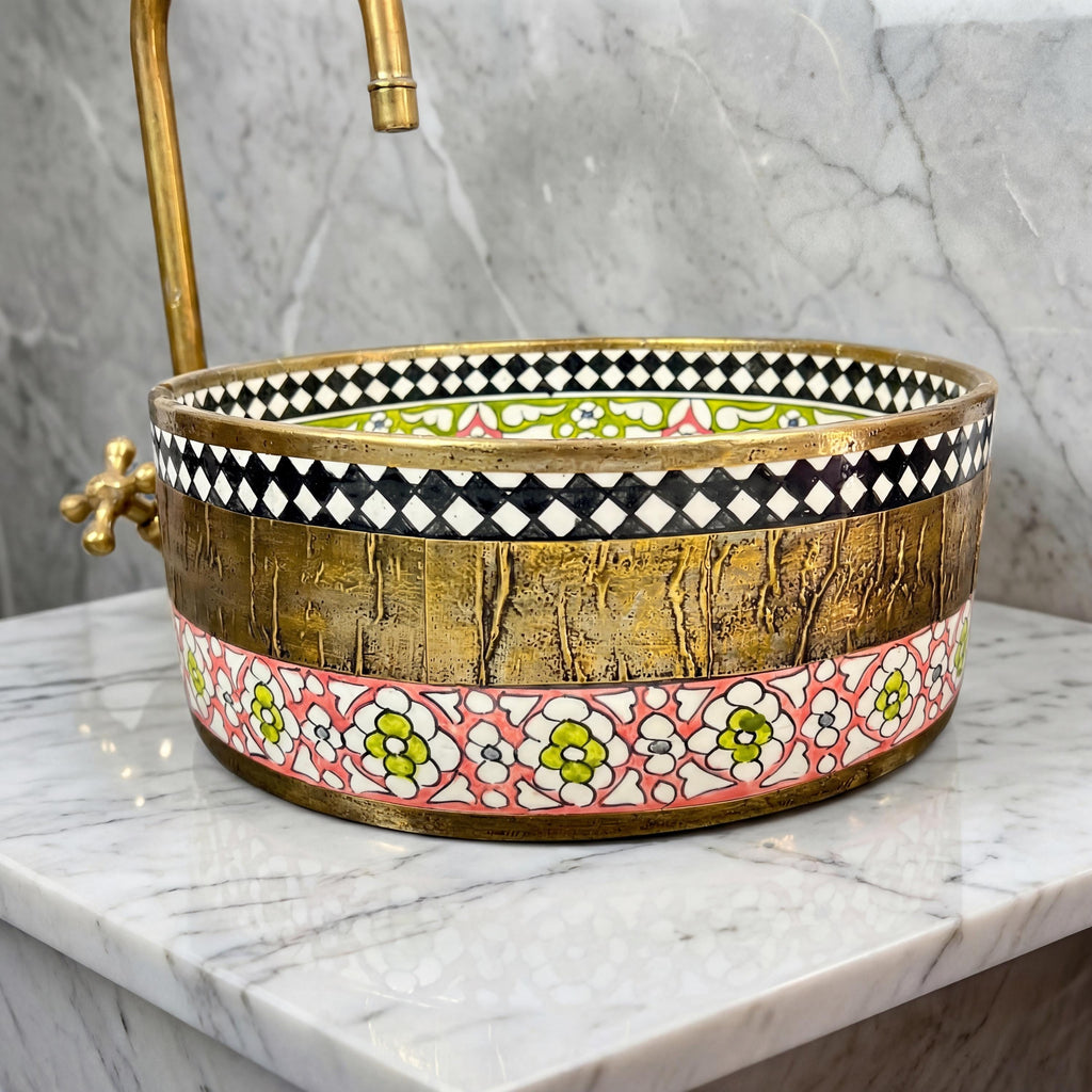 Moroccan Ceramic Sink, Handcrafted Ruby Red Vessel 30cm Brass Rim