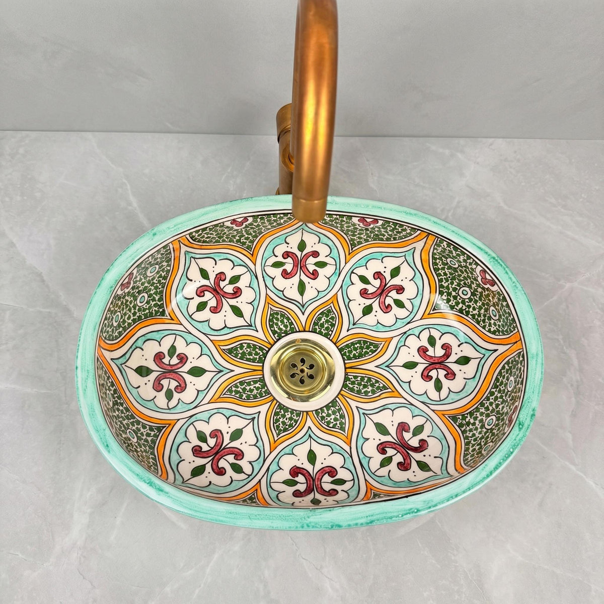 Ceramic Vessel Sink, Red Andalusian Oval 40cm, Brass Drain Incl.