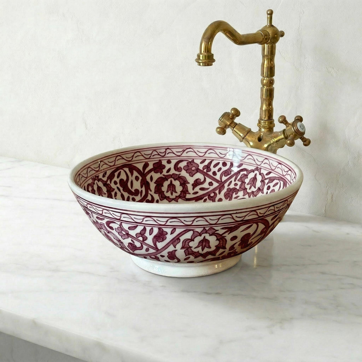 Ceramic Vessel Sink, Burgundy Hand-Painted Moroccan, 12" Diameter