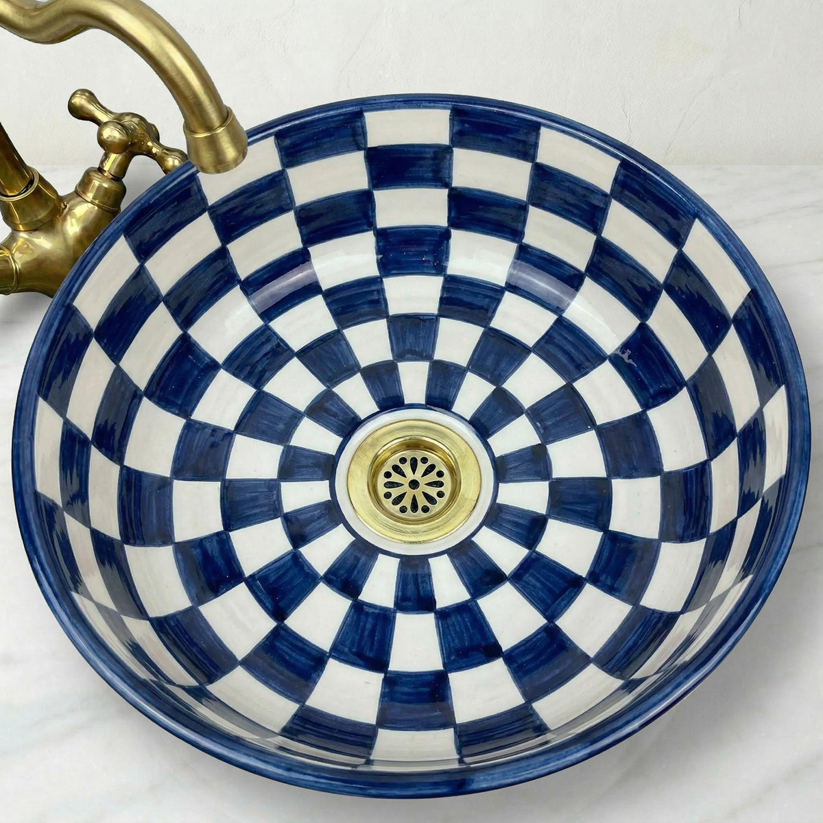 Moroccan Ceramic Vessel Sink, Burgundy Checkered 12" Brass Drains