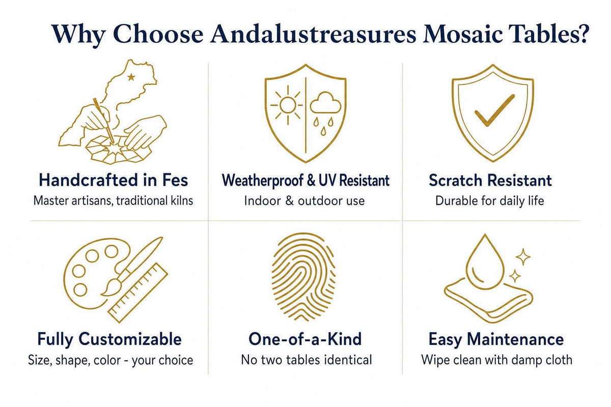The image is a visual representation of the benefits of choosing and using mosaic tables, featuring six different types of mosaic tables with corresponding benefits.