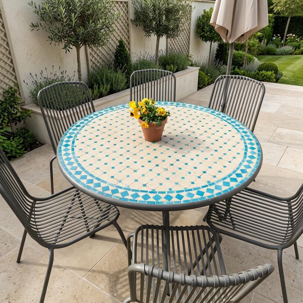 Moroccan Mosaic Table, Zellige 12-48 Inch Iron Base, Hairpin Legs