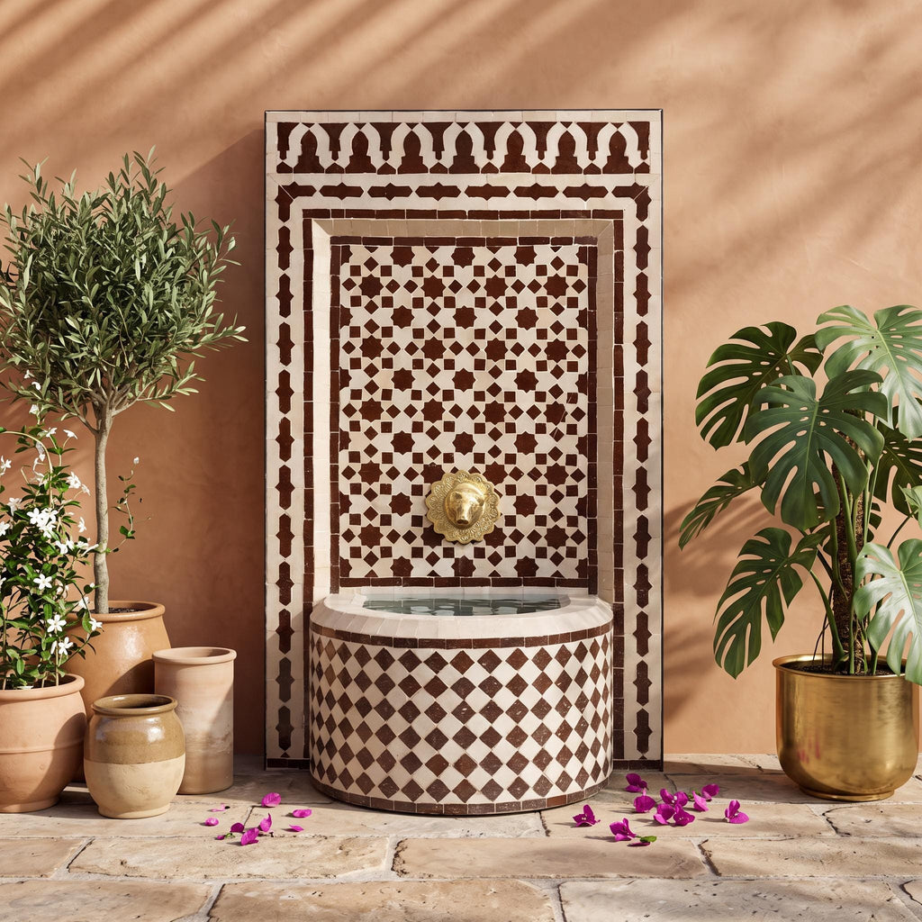 a decorative fountain with a tiled design, surrounded by potted plants and flowers, creating a serene and inviting atmosphere.