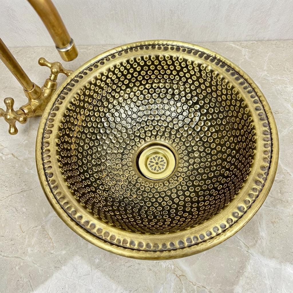 Moroccan Brass Lavabo, Hammered Unlacquered Basin, 16 In Diameter