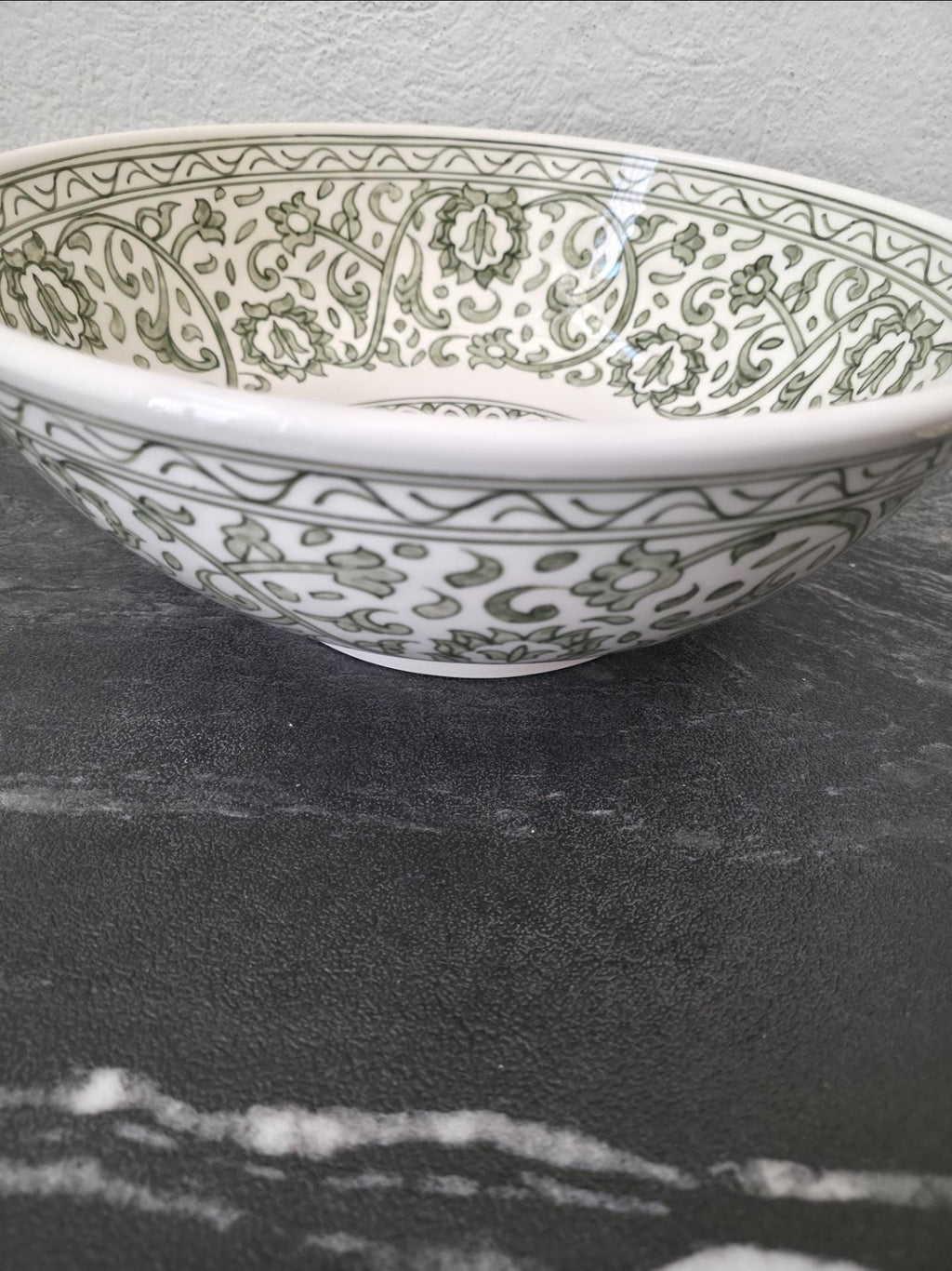 sage green ceramic handmade Moroccan sink side view