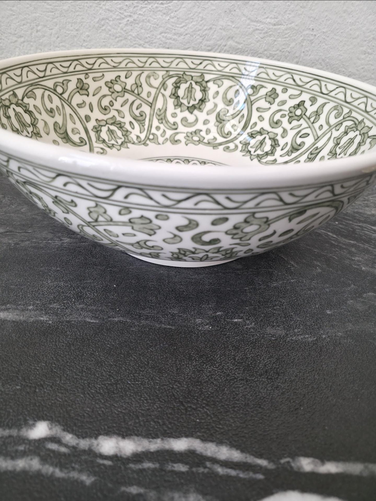 sage green ceramic handmade Moroccan sink side view