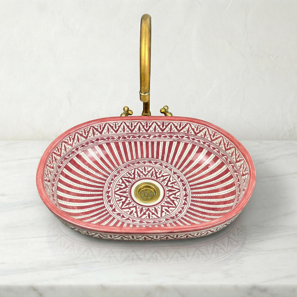Moroccan Ceramic Vessel Sink, Coral Pink Oval, Free Drain Gift XL