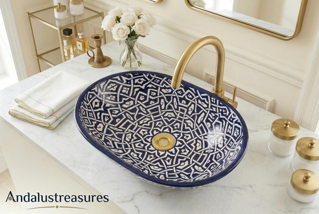 Green Moroccan Vessel Sink, Handcrafted Oval Porcelain Basin 40cm