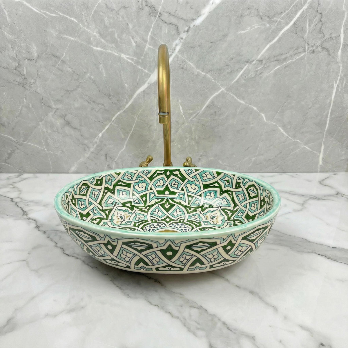 Oval Vessel Sink, Fes Handmade Porcelain Basin, White Brass Drain