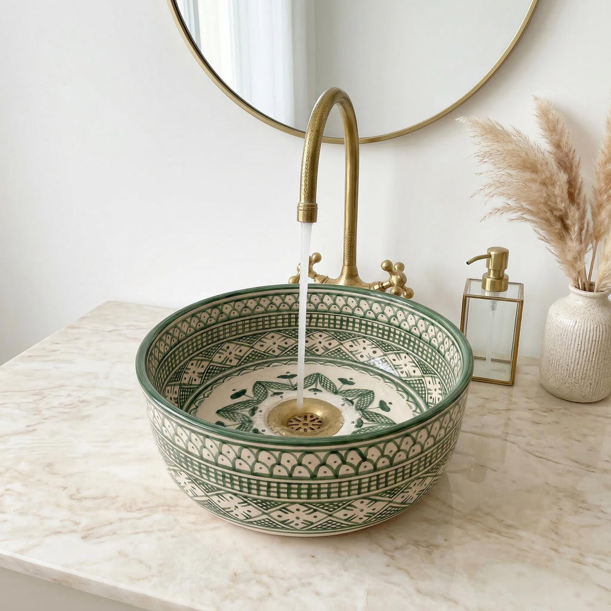 Moroccan Ceramic Vessel Sink, Sage, Kiln-Fired Handmade 8-16 Inch