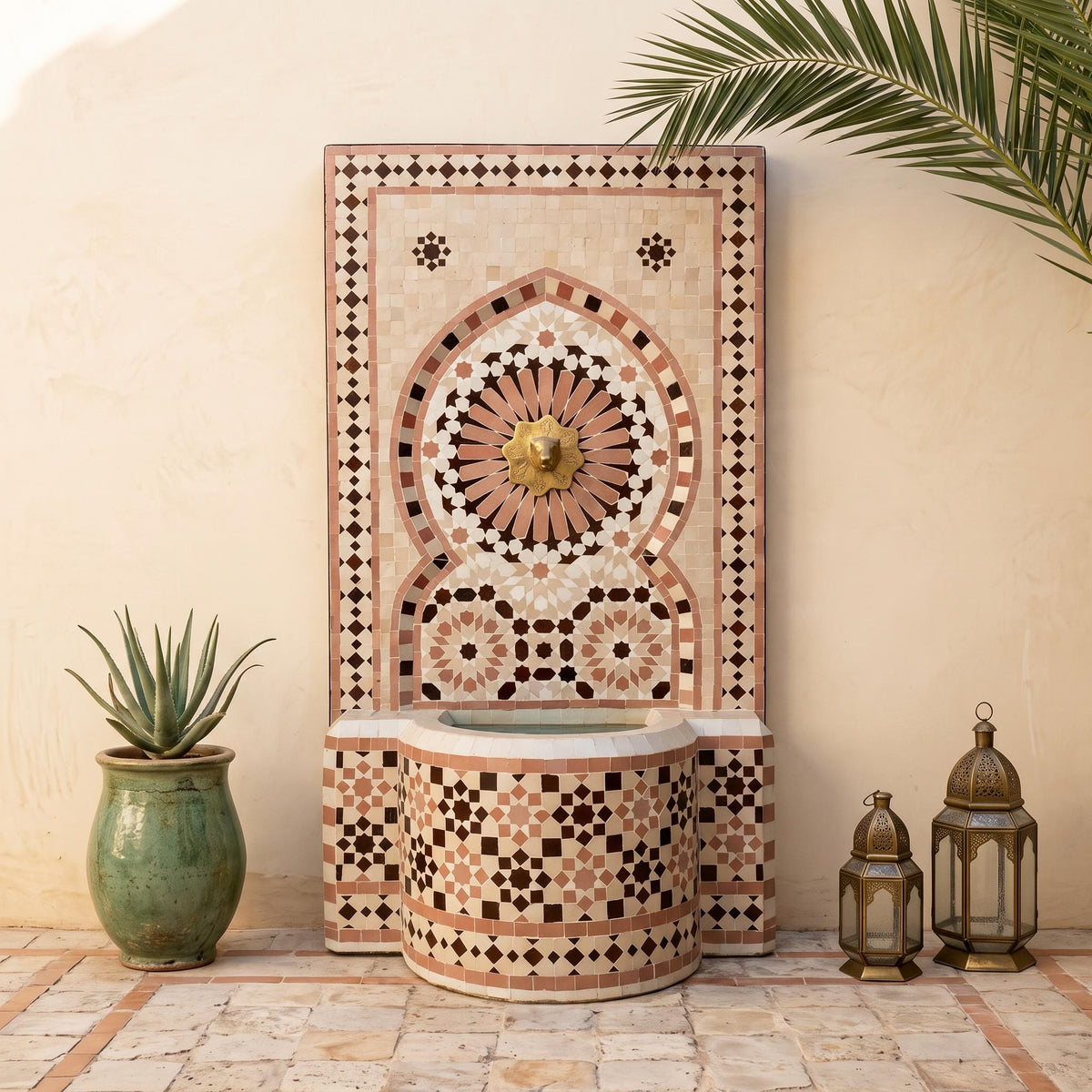 a decorative mosaic fountain with a golden faucet, surrounded by potted plants and lanterns, creating a serene and inviting atmosphere.