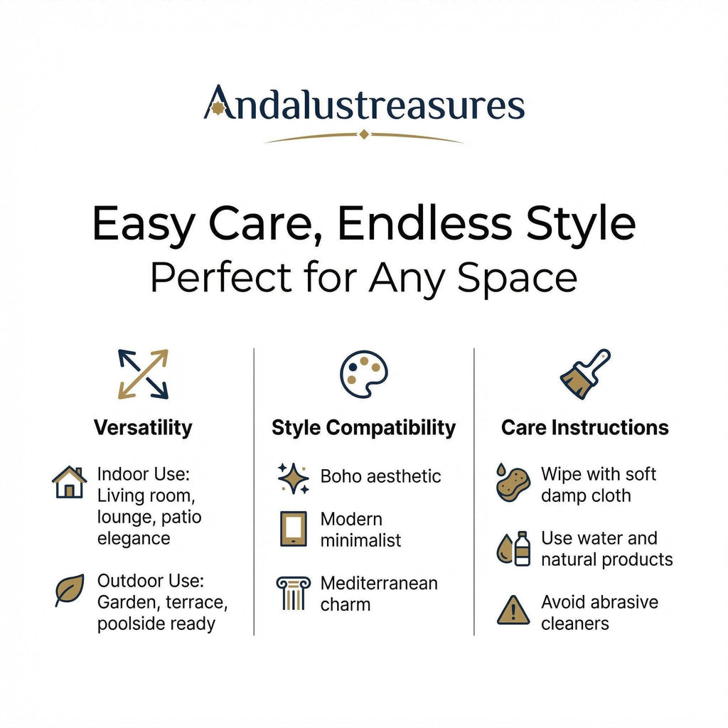 The image is a visual representation of the Andalustreasures brand, showcasing their easy care, endless style products that are versatile and compatible with various spaces.
