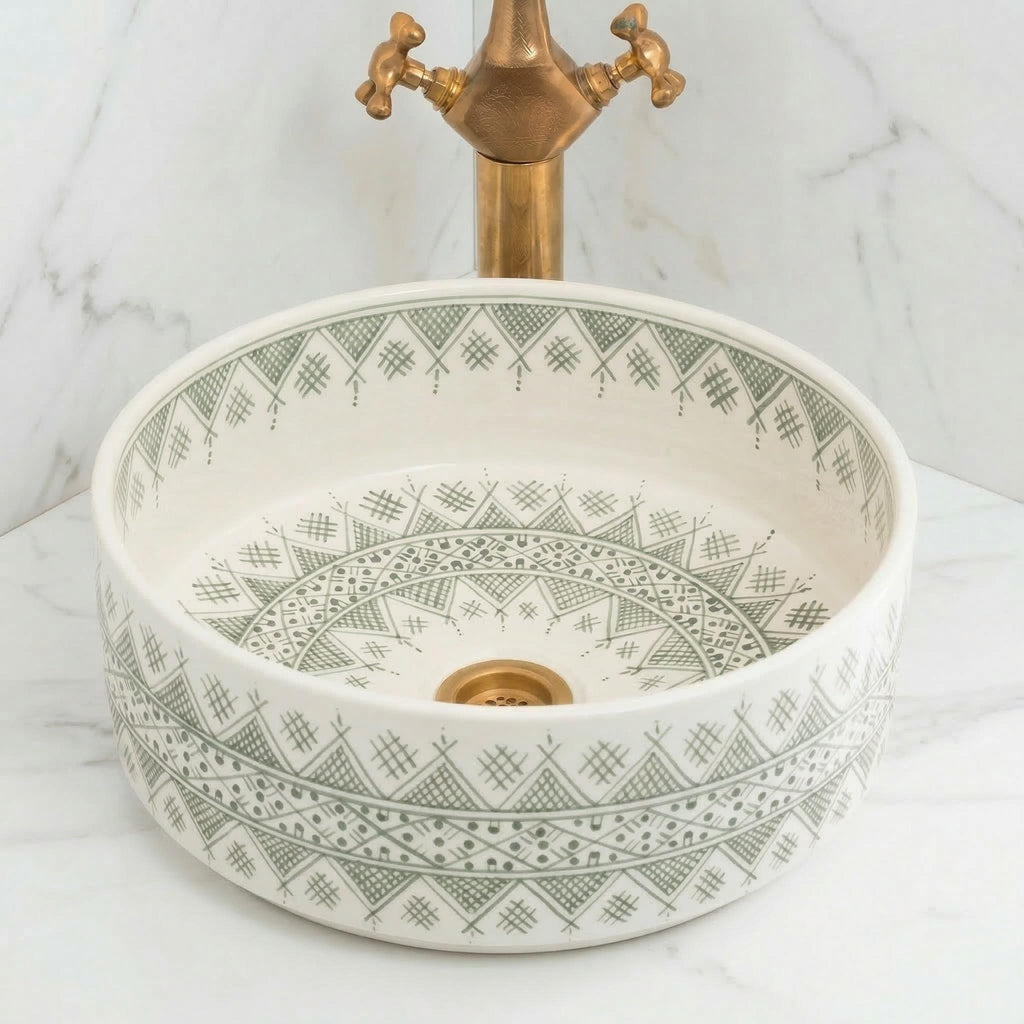 Handmade Ceramic Vessel Sink, Sage Green 14" Round Basin 6" Deep.