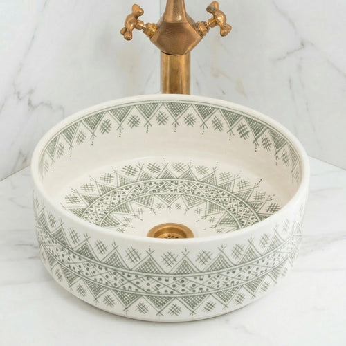 Handmade Ceramic Vessel Sink, Sage Green 14" Round Basin 6" Deep.