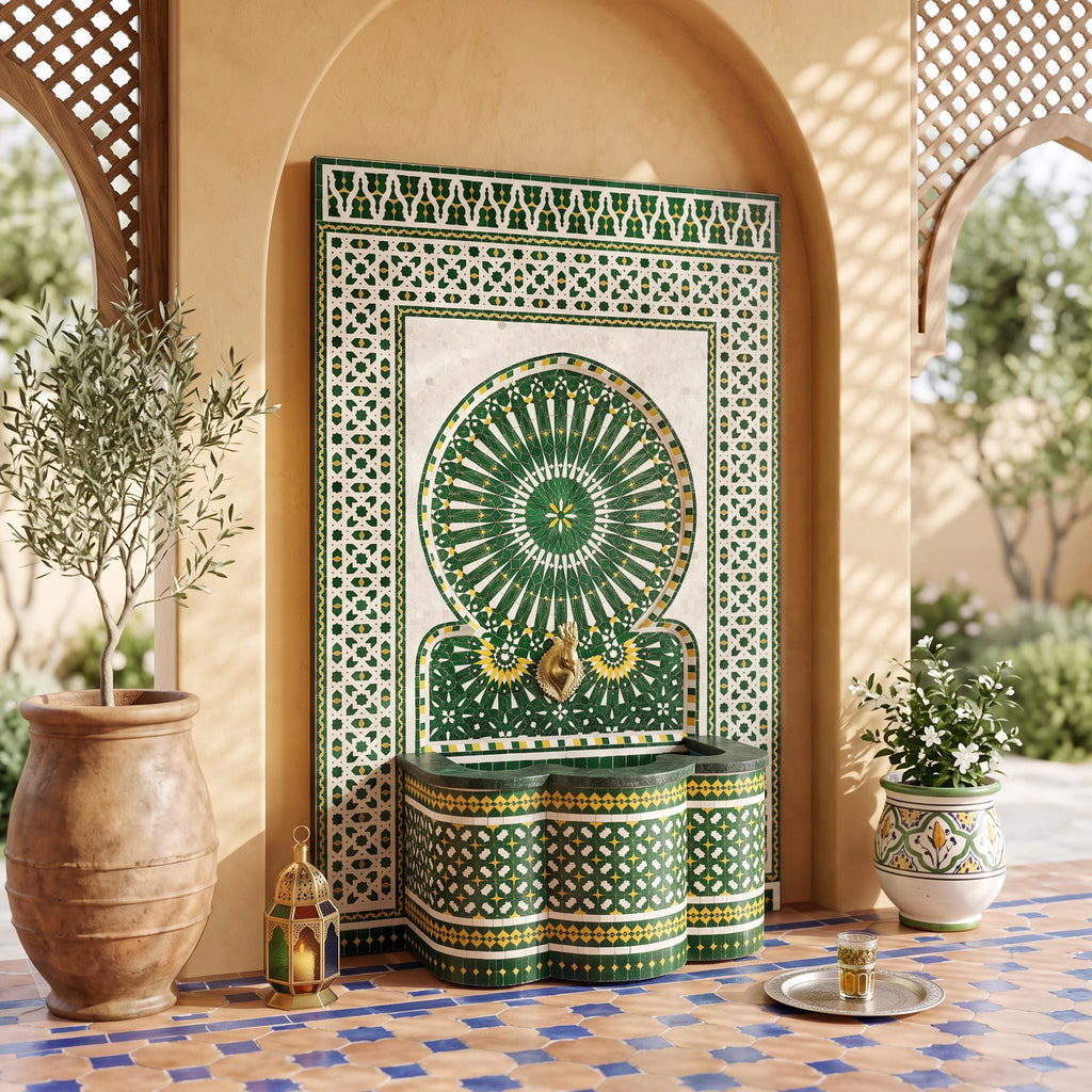 a decorative fountain with a green and white mosaic design, surrounded by potted plants and a lantern, set against a backdrop of arched windows and a tiled floor.