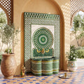 a decorative fountain with a green and white mosaic design, surrounded by potted plants and a lantern, set against a backdrop of arched windows and a tiled floor.