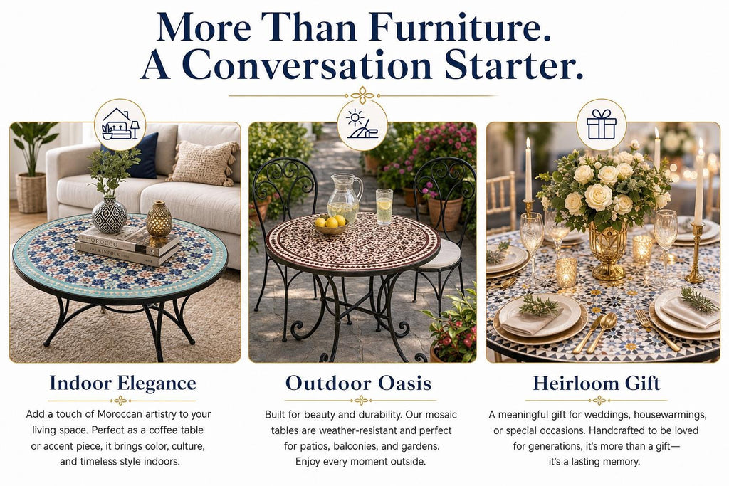 The image is a collage of three images showcasing different types of furniture and decor items, including a coffee table, outdoor oasis, and a Heirloom Gift.