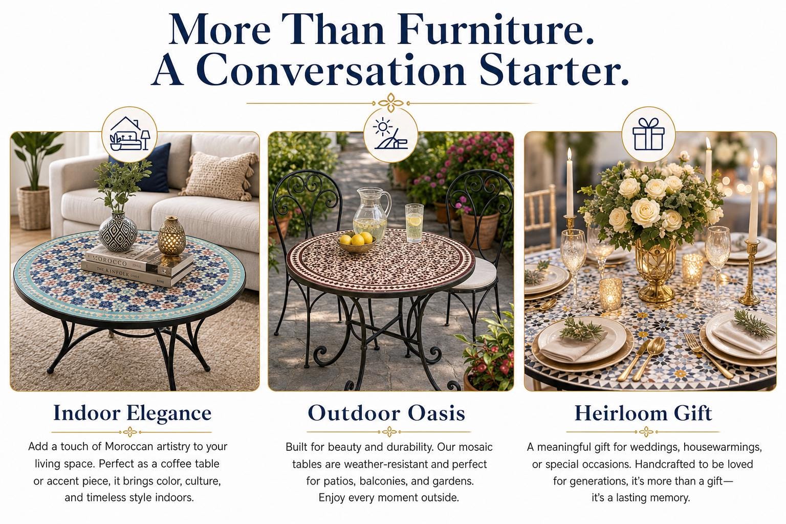 The image is a collage of three images showcasing different types of furniture and decor items, including a coffee table, outdoor oasis, and a Heirloom Gift.
