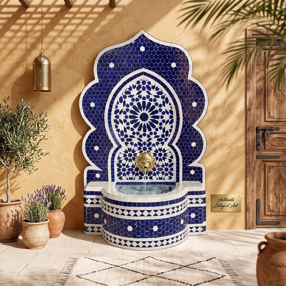 a decorative blue and white mosaic fountain with a golden lion statue, situated in a room with a wooden door and potted plants.