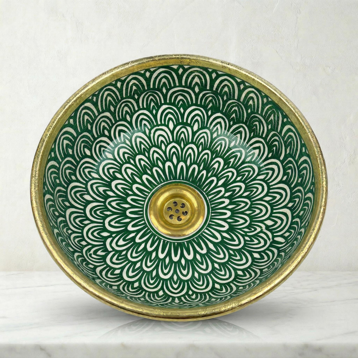 Moroccan Vessel Sink, Handcrafted Black Glazed Basin Brass Collar