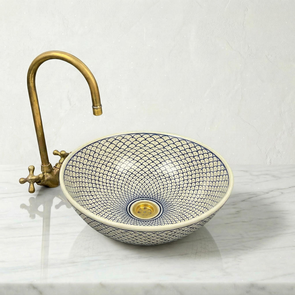 Moroccan Vessel Sink, Hand-Painted Burgundy Ceramic, 8-16" Round.
