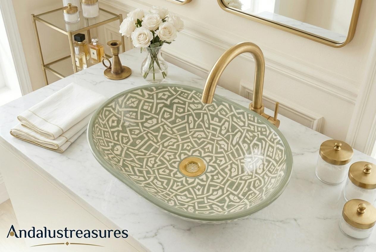Green Moroccan Vessel Sink, Handcrafted Oval Porcelain Basin 40cm