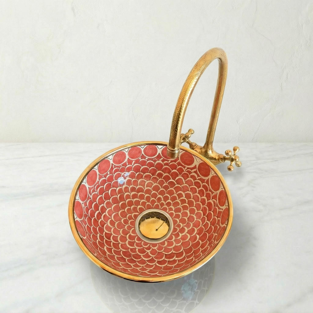 Moroccan Vessel Sink, Coral Pink Porcelain Basin, 14Kt Gold Rims.