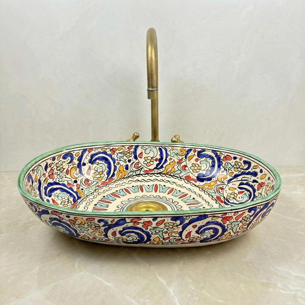 Teal Vessel Sink, Fes Oval Ceramic Washbasin 40cm, Brass Drain UK