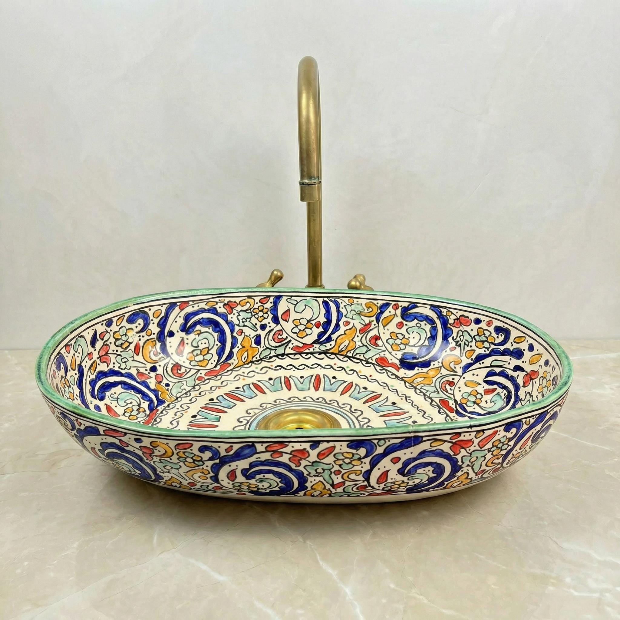 Teal Vessel Sink, Fes Oval Ceramic Washbasin 40cm, Brass Drain UK