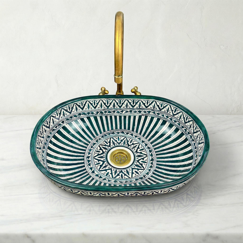 Moroccan Ceramic Sink, Oval Porcelain Basin 40cm With Brass Drain