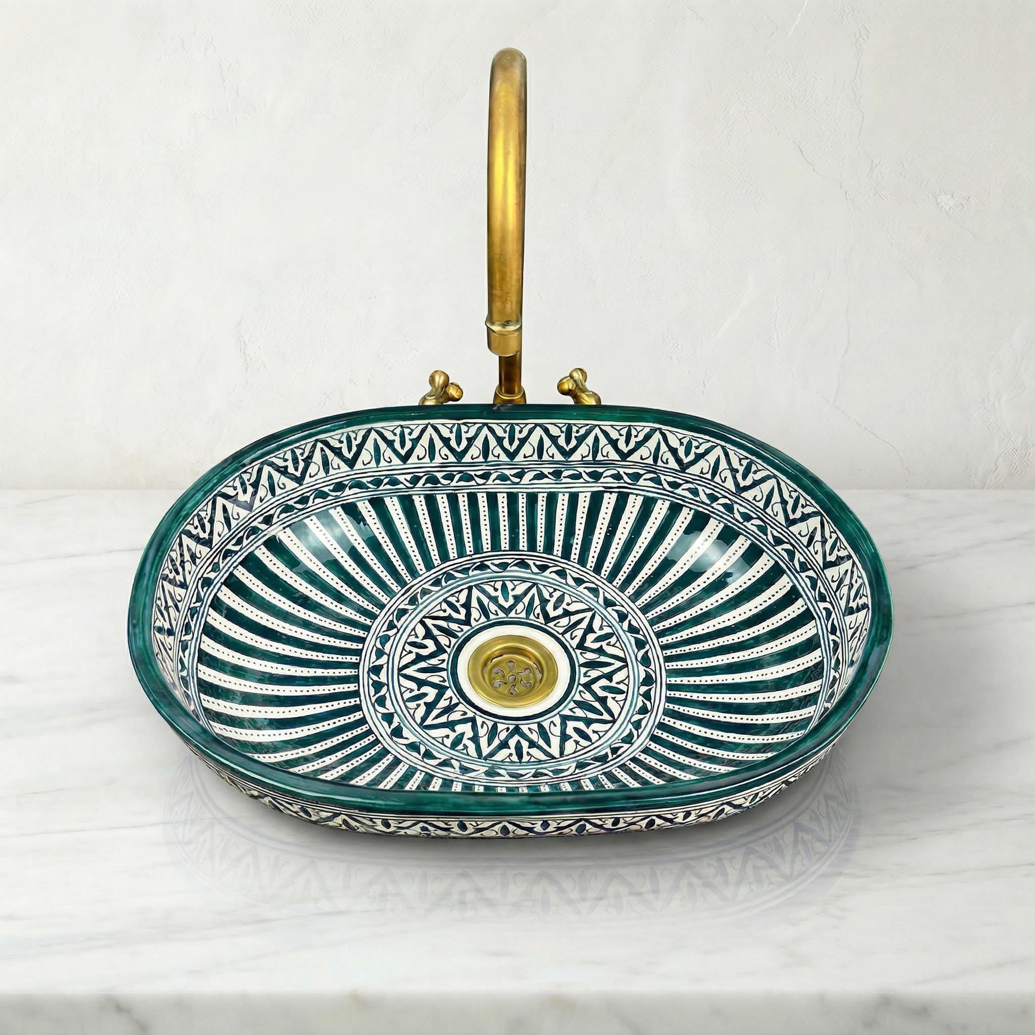 Moroccan Ceramic Sink, Oval Porcelain Basin 40cm With Brass Drain