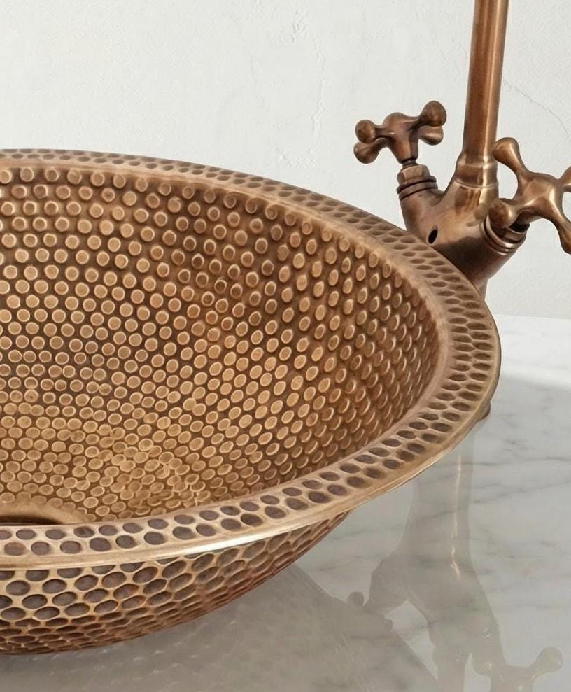 Moroccan Hammered Brass Sink, Handmade Fez Artisan Vessel 16 Inch